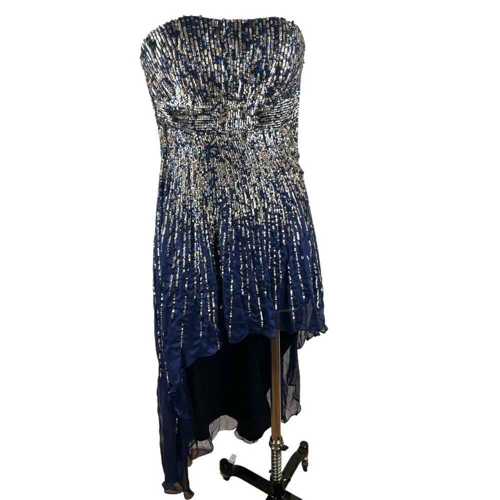 Sherri Hill Navy Gold Sequin Strapless Silk High Low Formal Dress Size 2